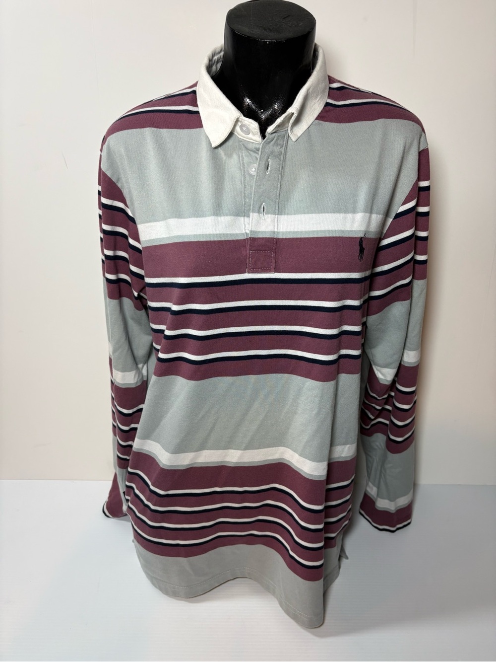 Ralph Lauren Striped Long-Sleeve Polo — Gray & Burgundy Mens or Unisex